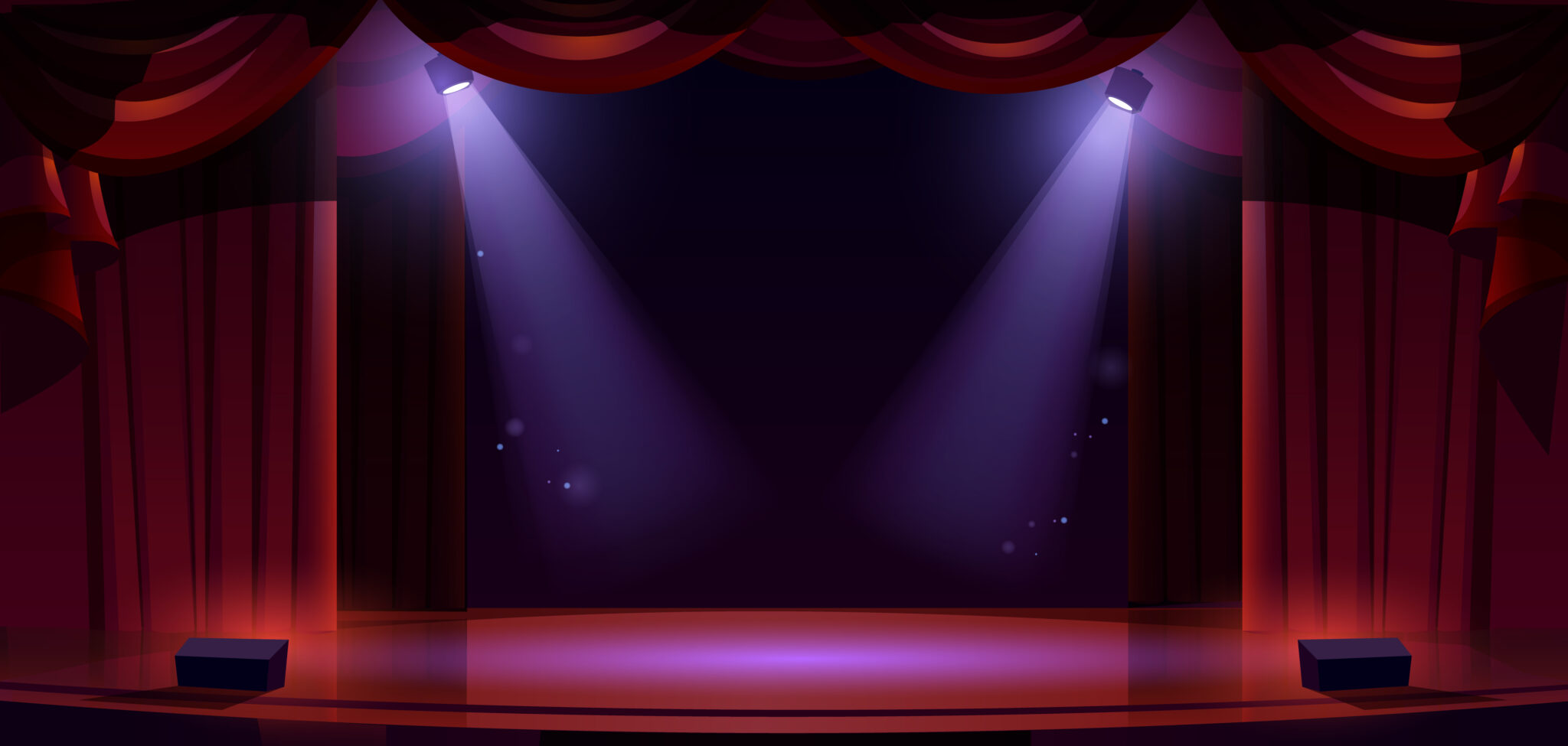Theater stage with spotlights, red curtains, floor